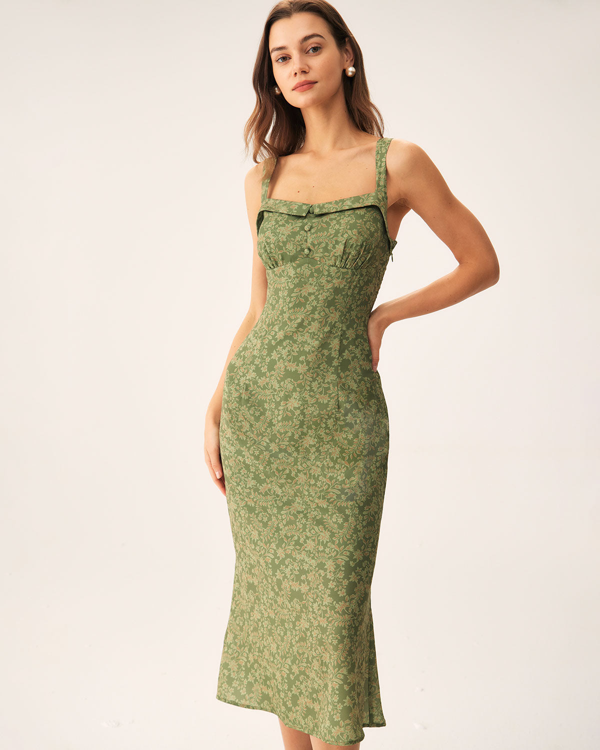 Yeşil Çiçekli Kare Yaka Slip Midi Elbise