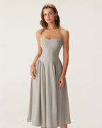 Gri Kare Yaka Cepli Slip Midi Elbise