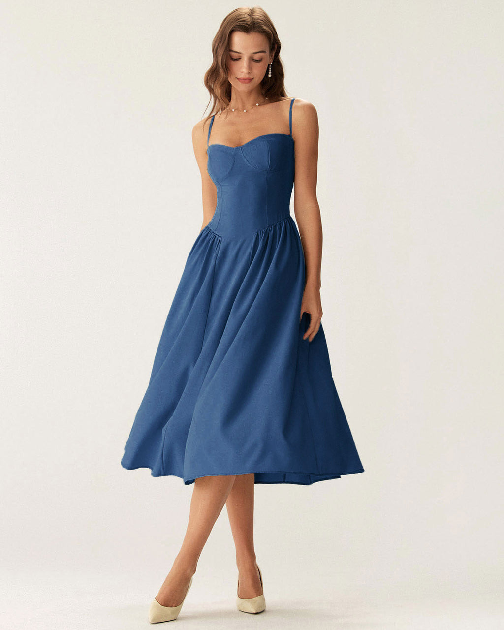 Lacivert Kare Yaka Cepli Slip Midi Elbise