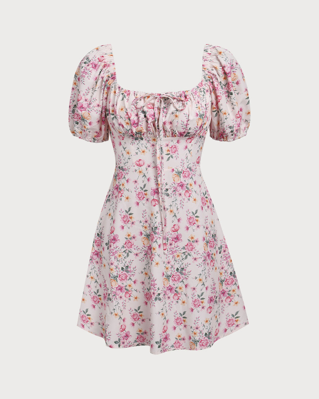 Pembe Çiçekli Kare Yaka Dantelli Mini Elbise