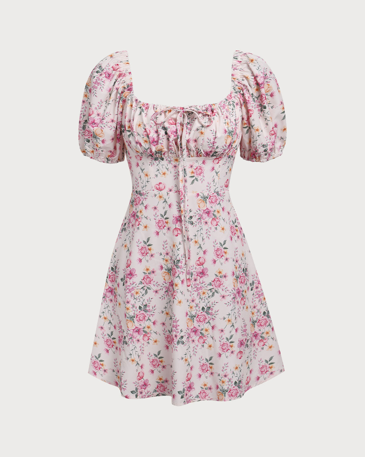 Pembe Çiçekli Kare Yaka Dantelli Mini Elbise