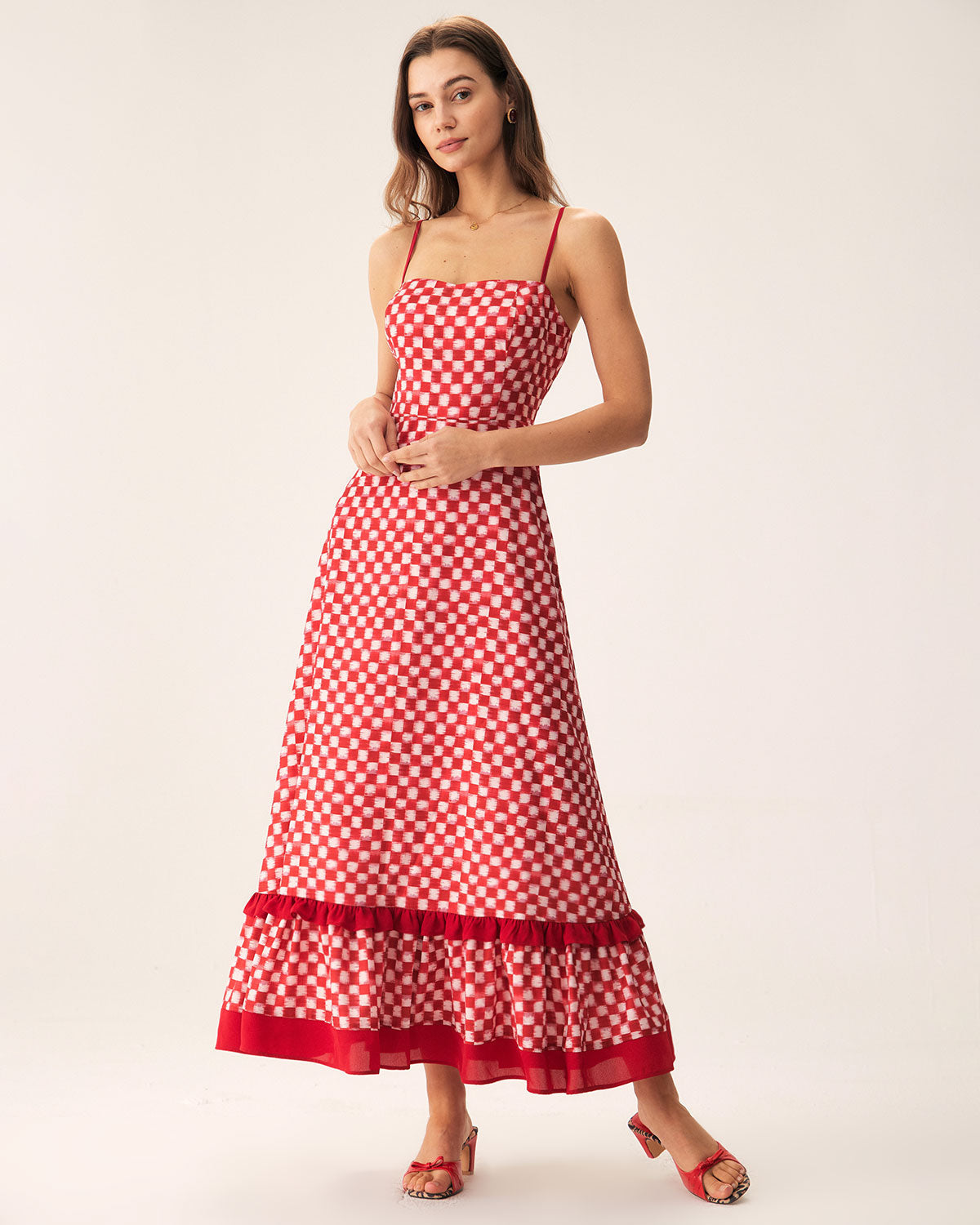 Kırmızı Geometrik Fırfırlı Slip Maxi Elbise