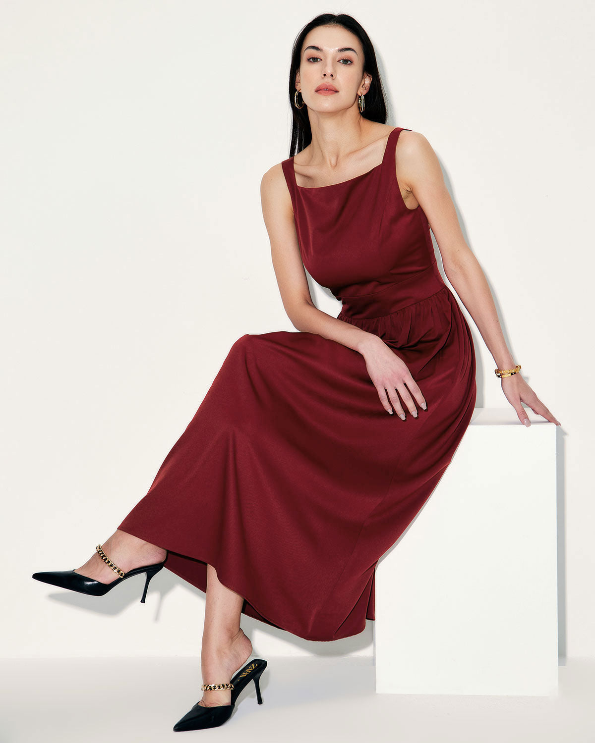 Şarap Kırmızı Saten Slip Maxi Elbise