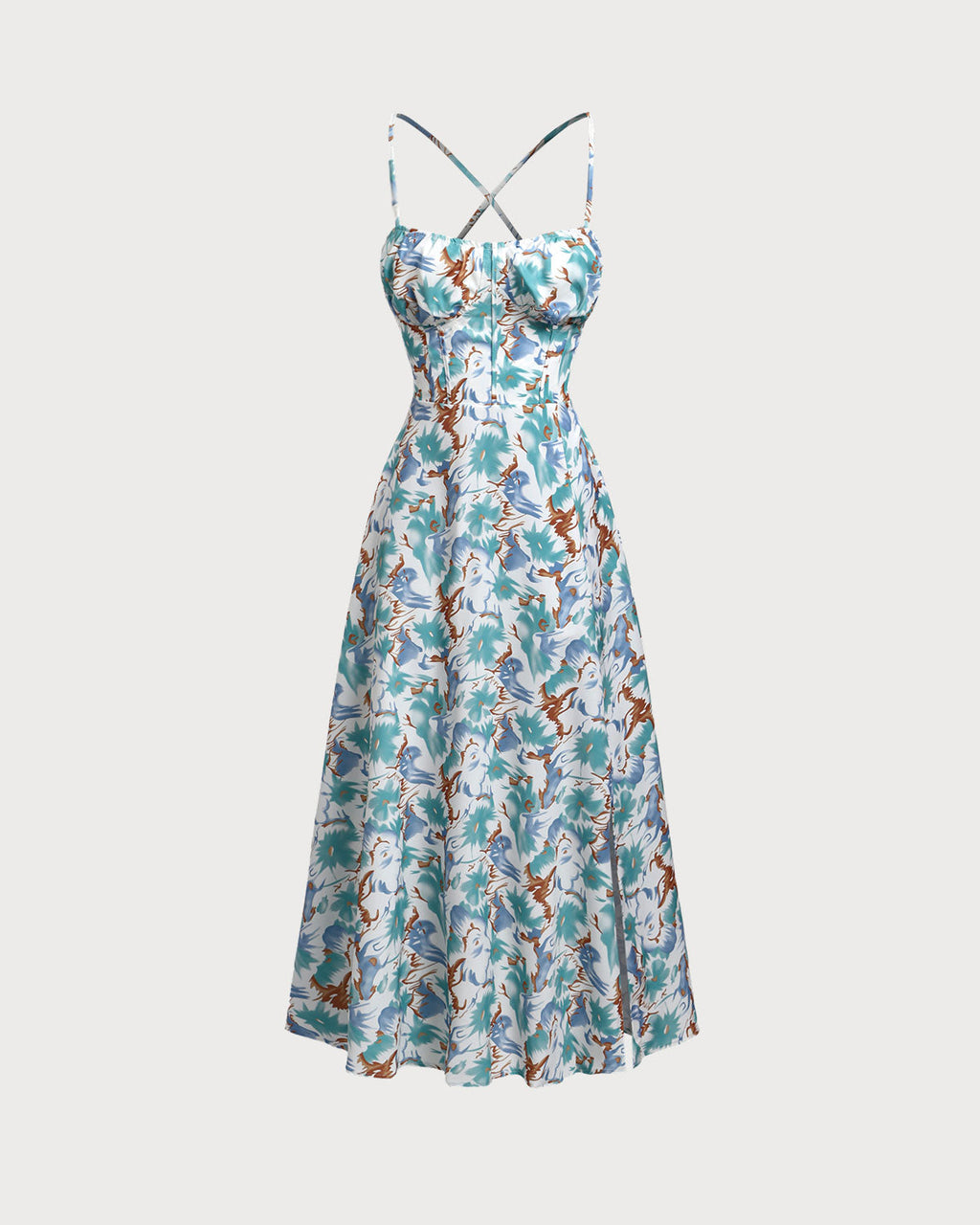 Yeşil Çiçekli Sırtı Açık Slip Yırtmaçlı Maxi Elbise