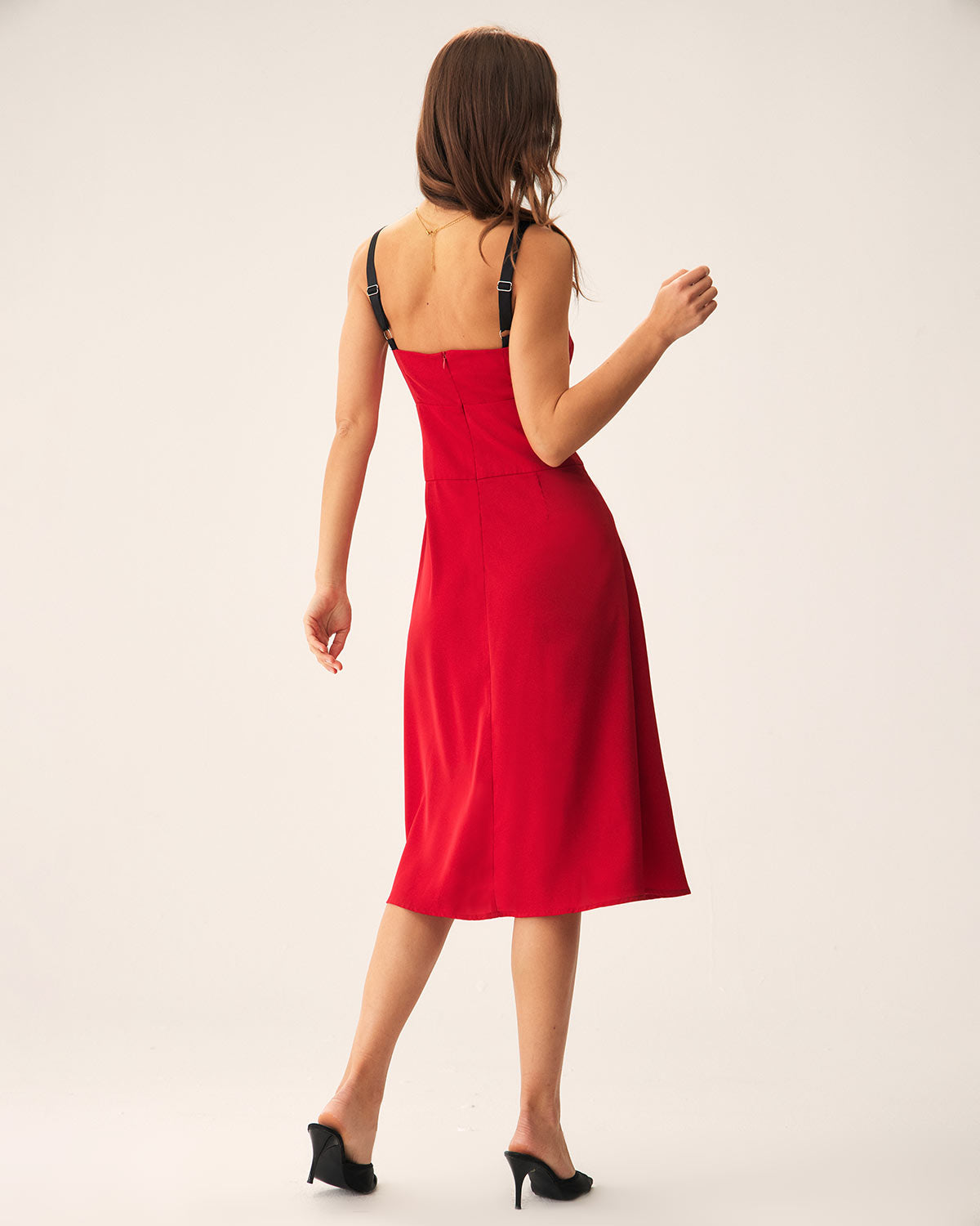 Kırmızı Kontrast Yırtmaçlı Slip Midi Elbise