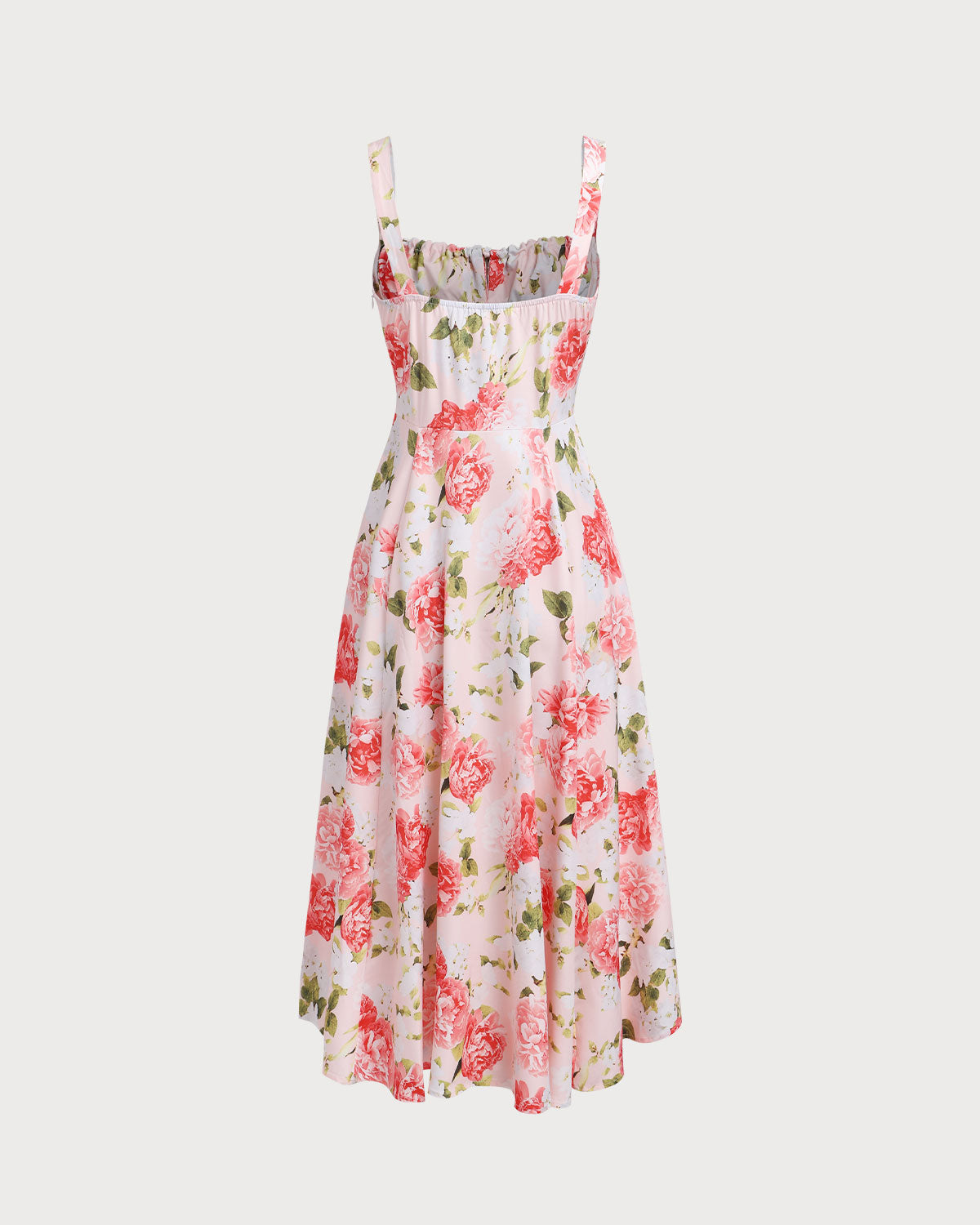 Pembe Çiçekli Kare Yaka Yırtmaçlı Slip Midi Elbise