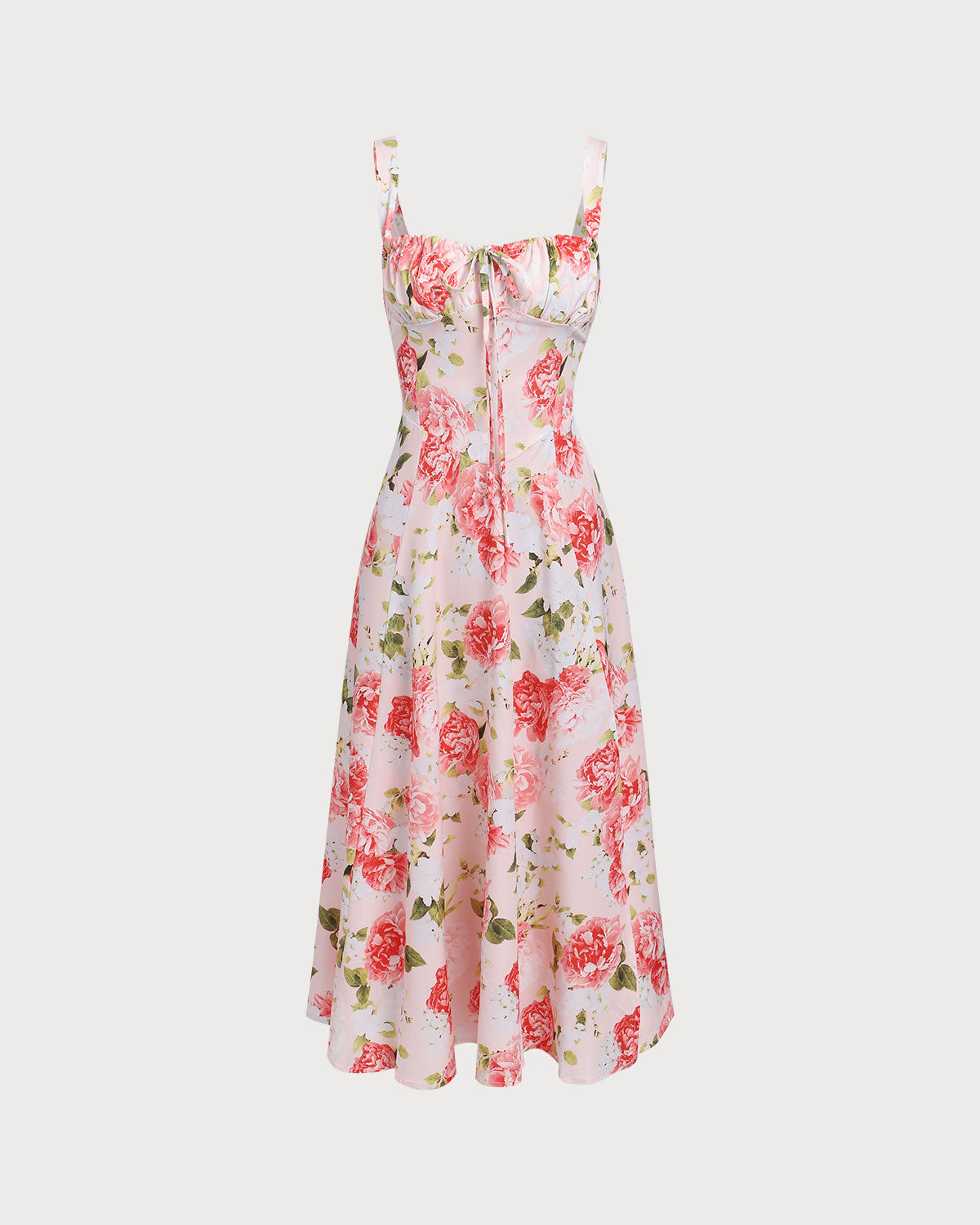 Pembe Çiçekli Kare Yaka Yırtmaçlı Slip Midi Elbise