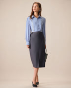 Kadın Gri Yüksek Bel Düz Yırtmaçlı Midi Etek