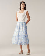 Mavi Çiçekli Kloş Midi Etek