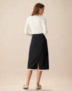 Siyah Kontrast Yırtmaçlı Midi Etek