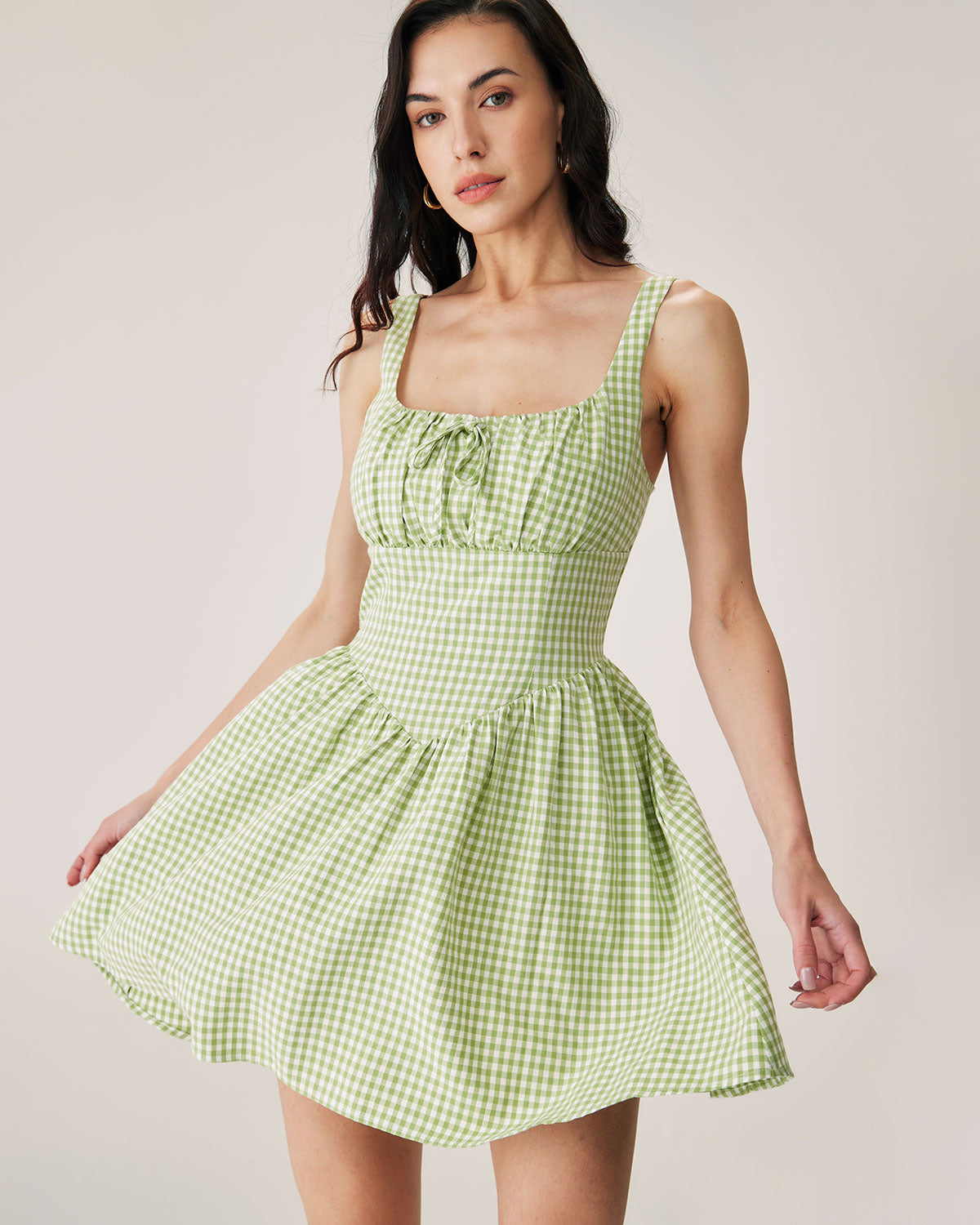 Yeşil Ekose Slip Mini Elbise