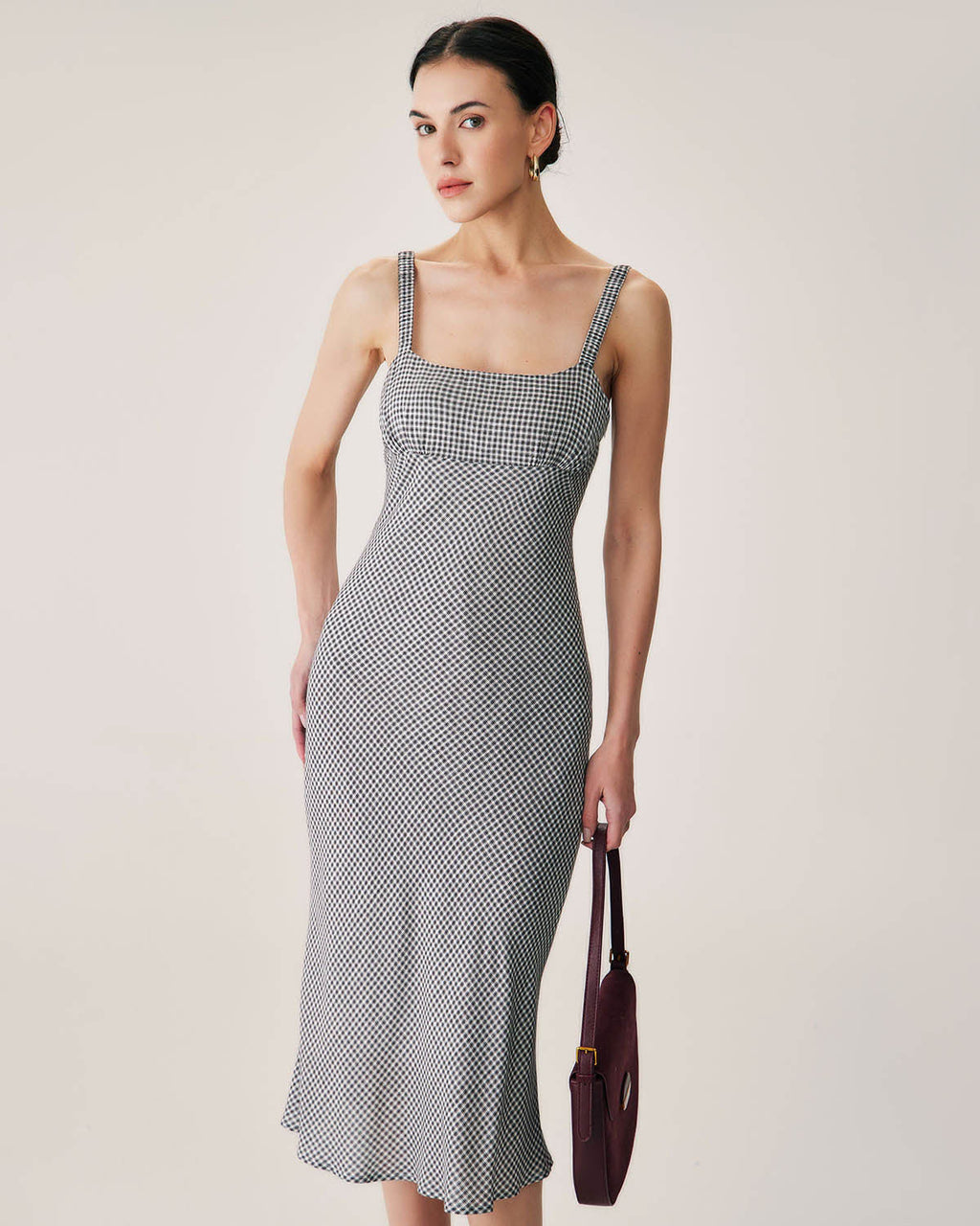 Siyah Ekose Dantelli Slip Midi Elbise