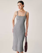 Siyah Ekose Dantelli Slip Midi Elbise
