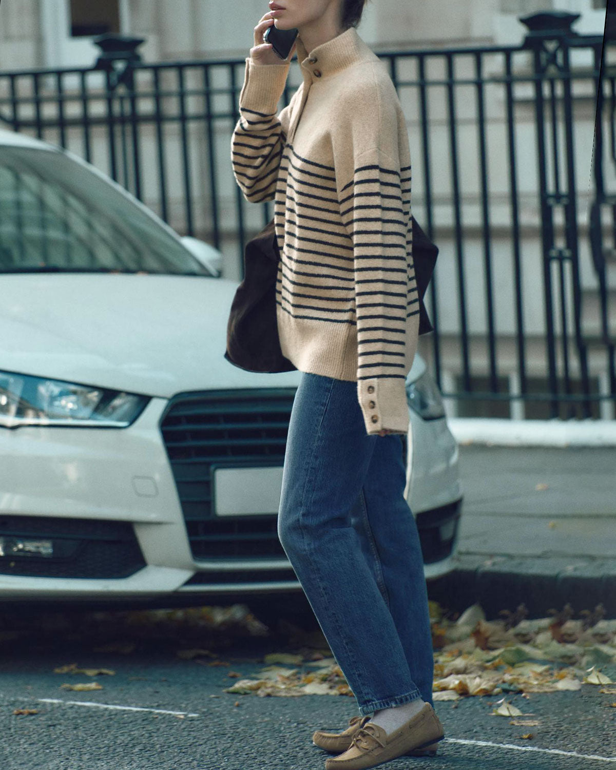 Haki Çizgili Kaplumbağa Yakalı Örgü Kazak