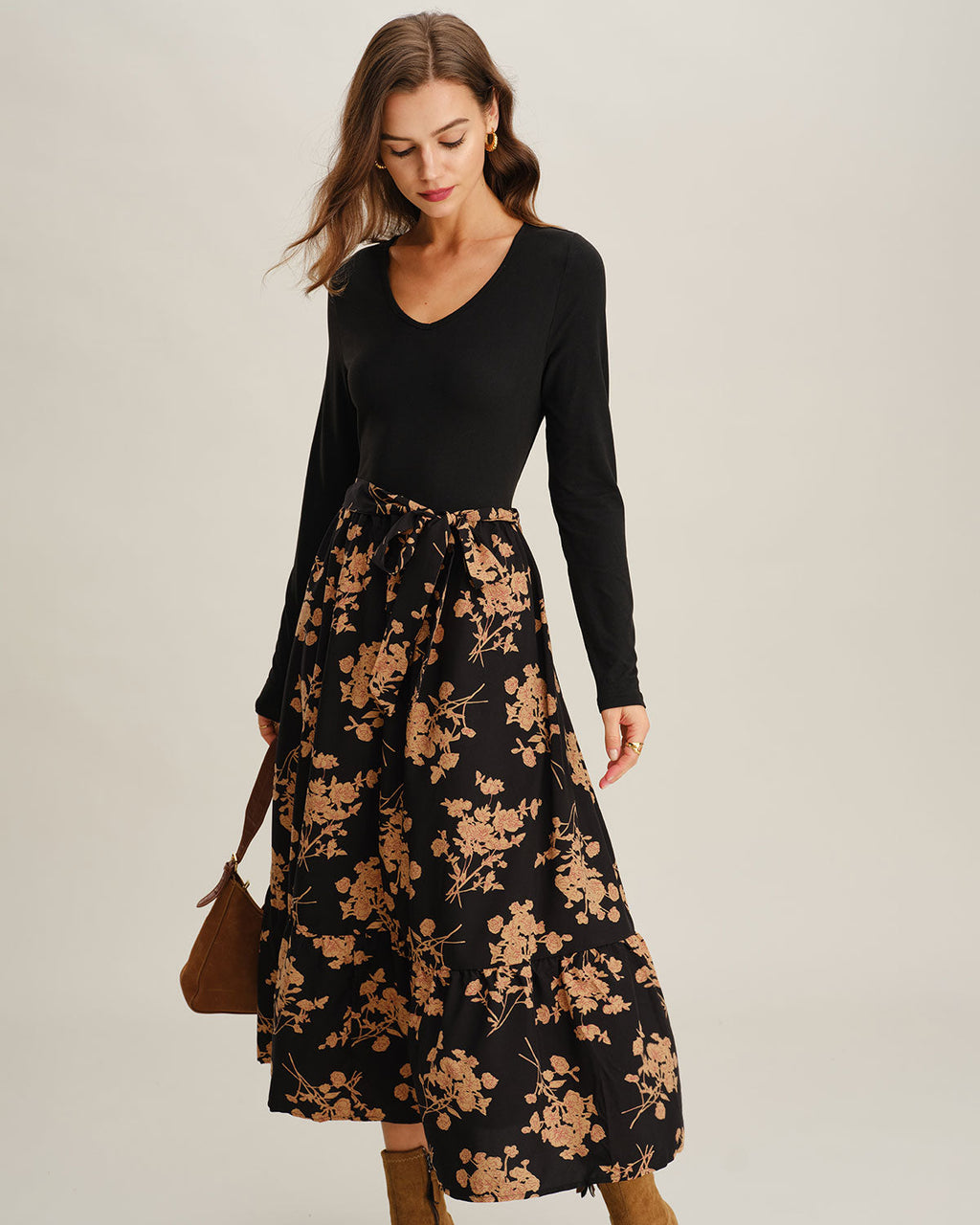 Siyah Çiçek Desenli A-Line Splicing Midi Elbise