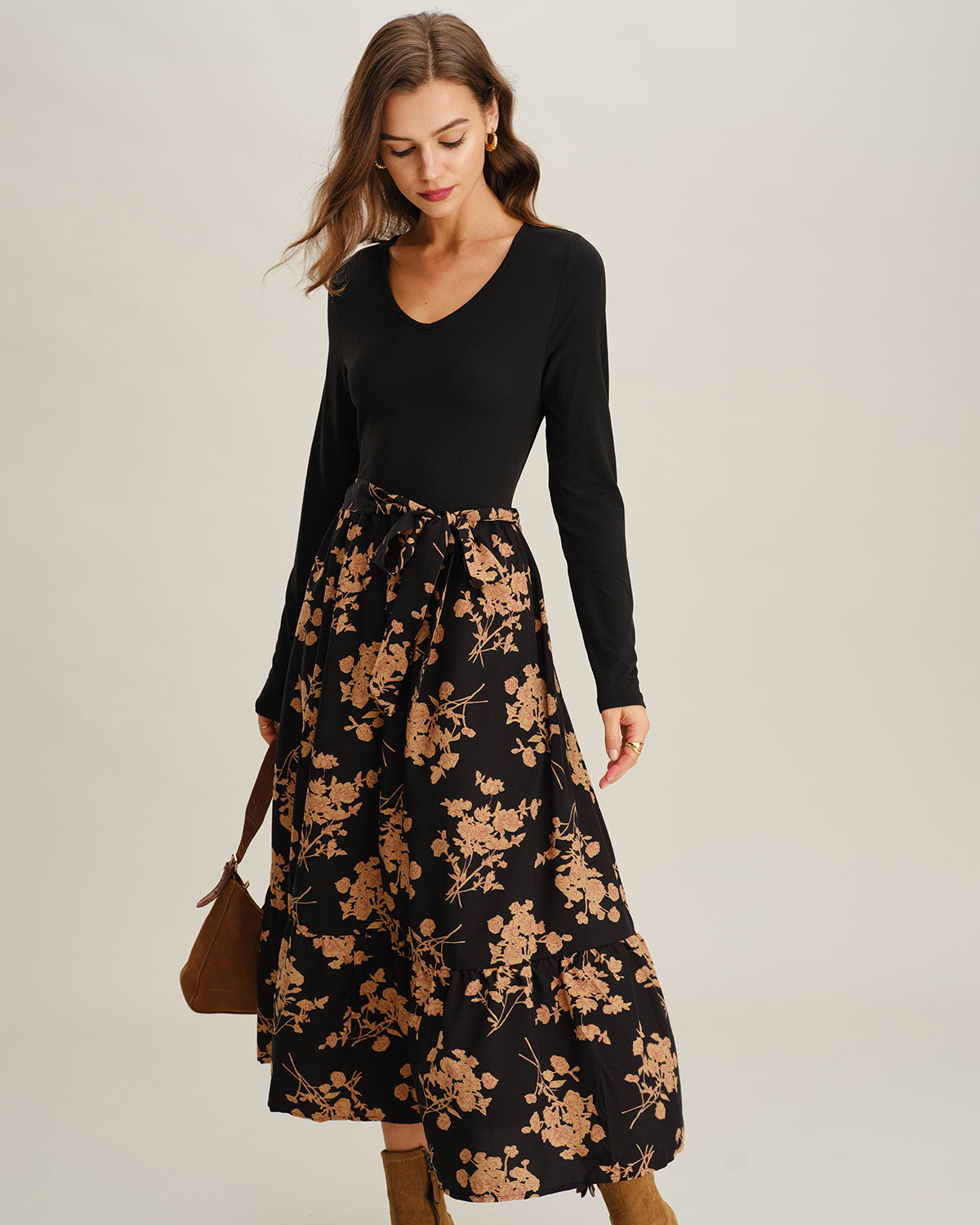 Siyah Çiçek Desenli A-Line Splicing Midi Elbise