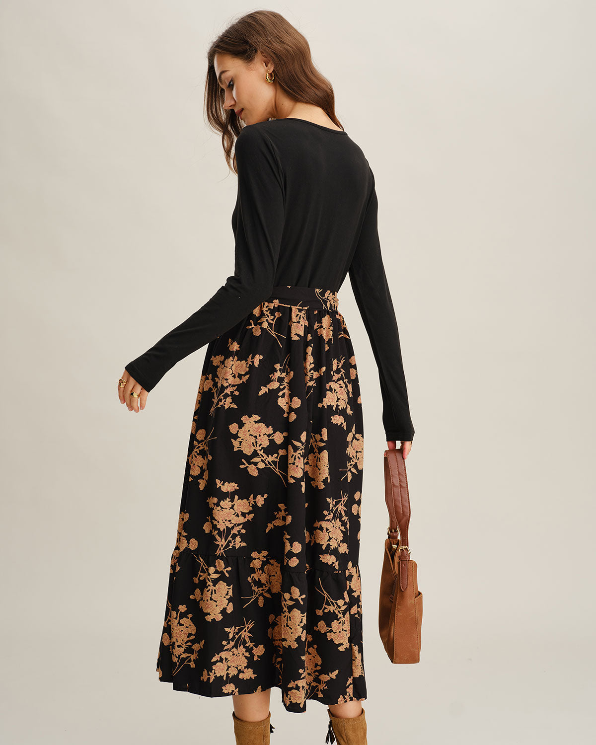 Siyah Çiçek Desenli A-Line Splicing Midi Elbise