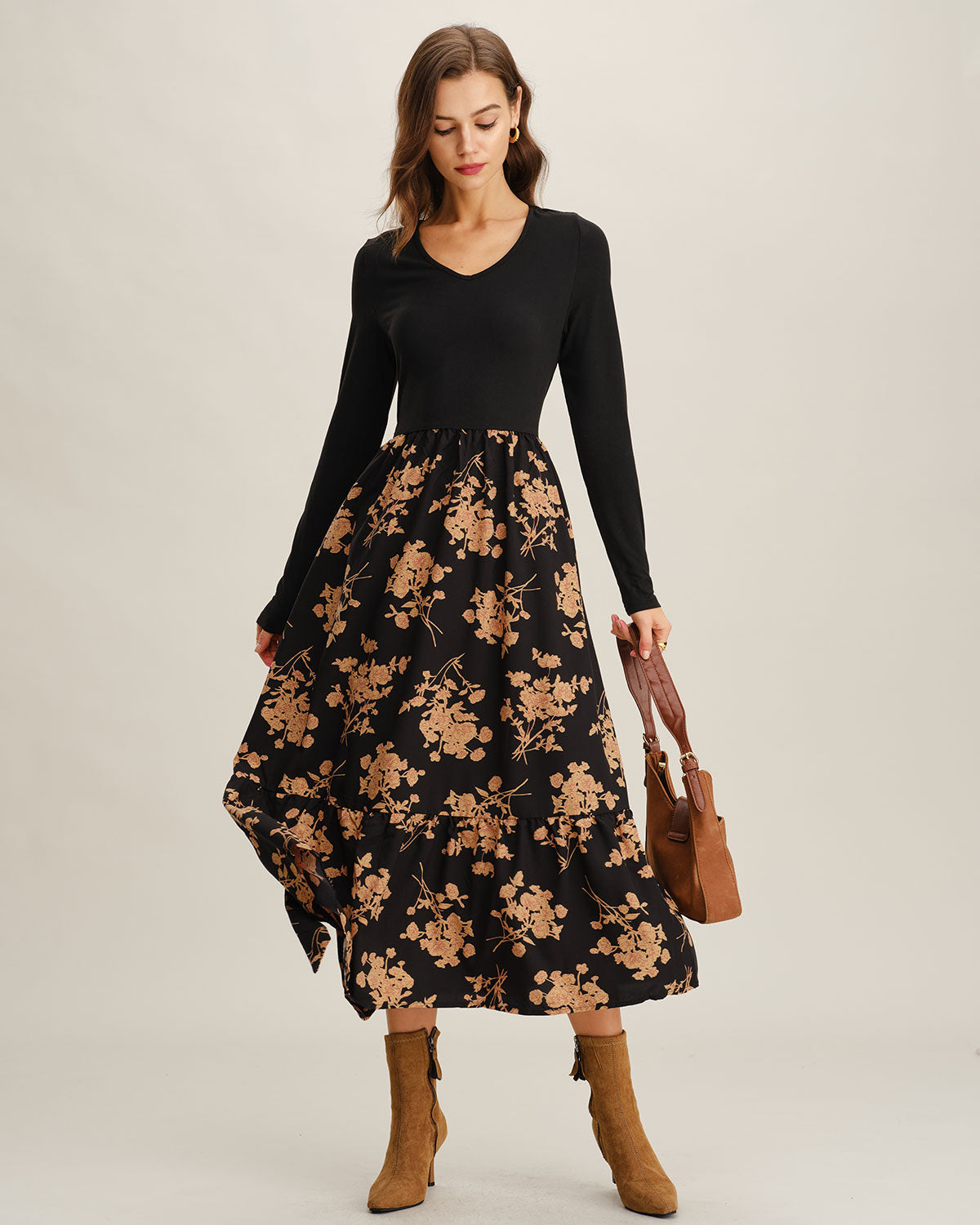 Siyah Çiçek Desenli A-Line Splicing Midi Elbise