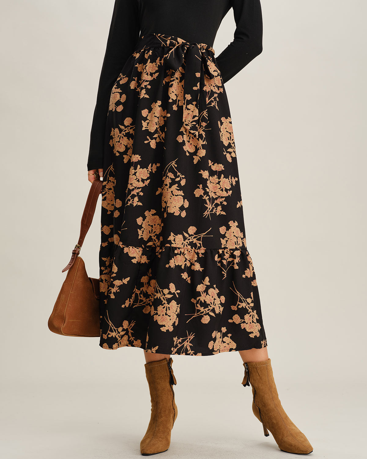 Siyah Çiçek Desenli A-Line Splicing Midi Elbise