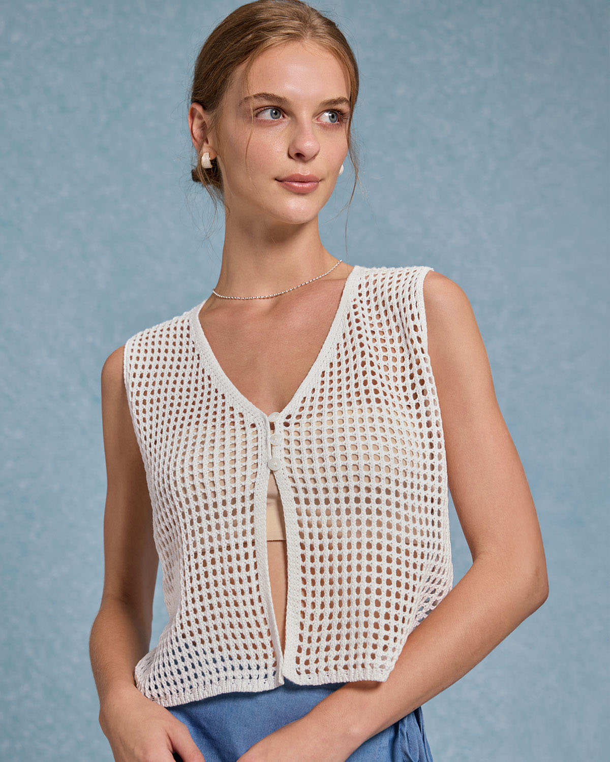 Beyaz V Yakalı Kesikli Tank Top
