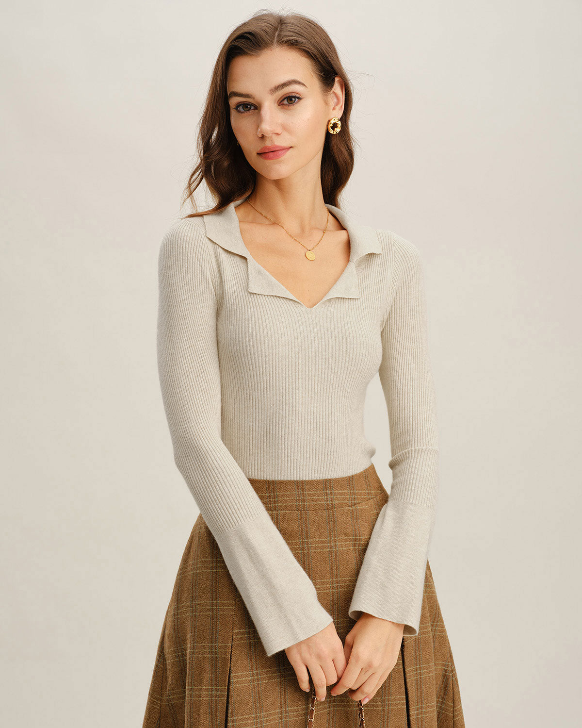 Kayısı Renkli Yakalı Örgü Tişört