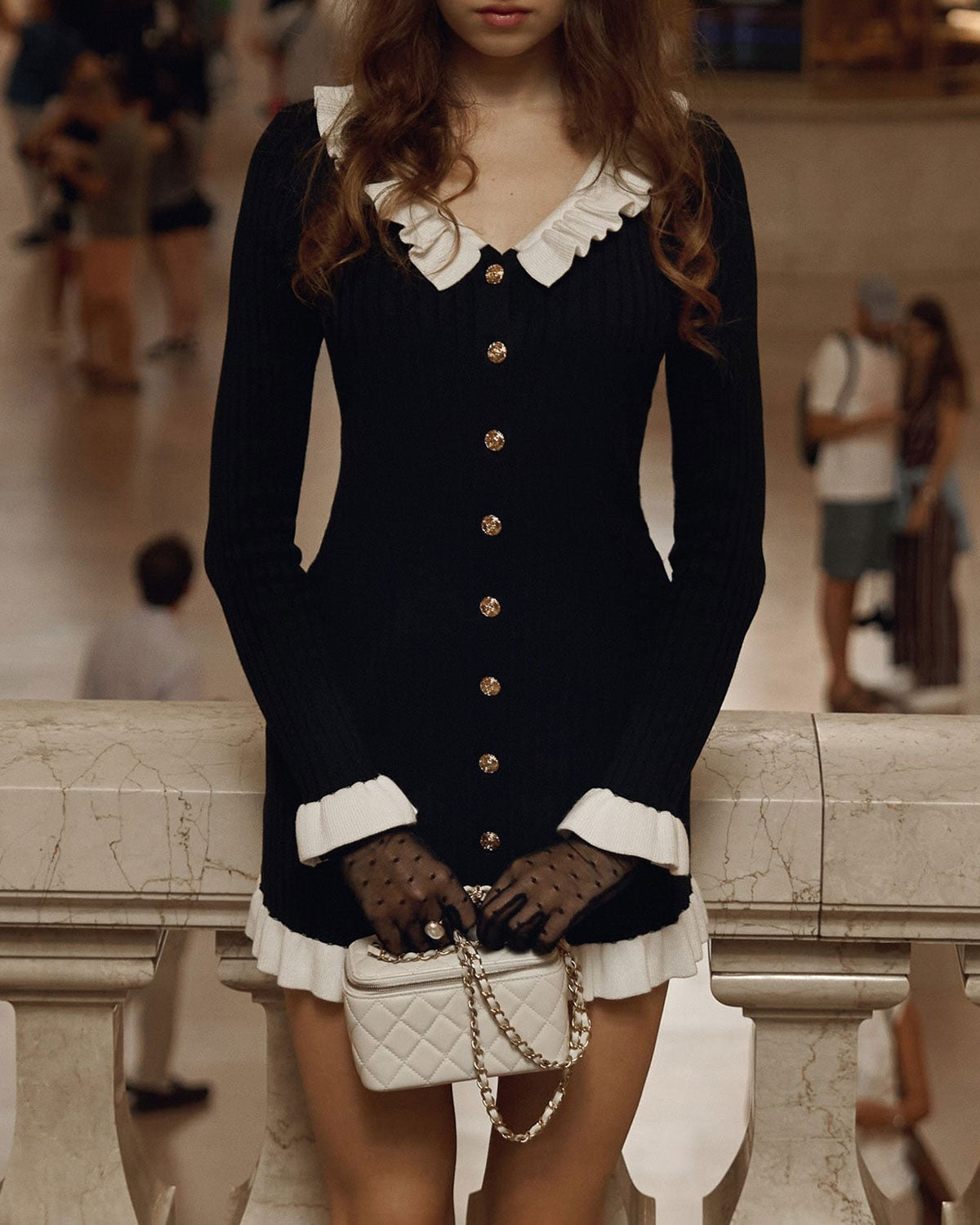 Siyah Kontrastlı Şair Kollu Kazak Elbise