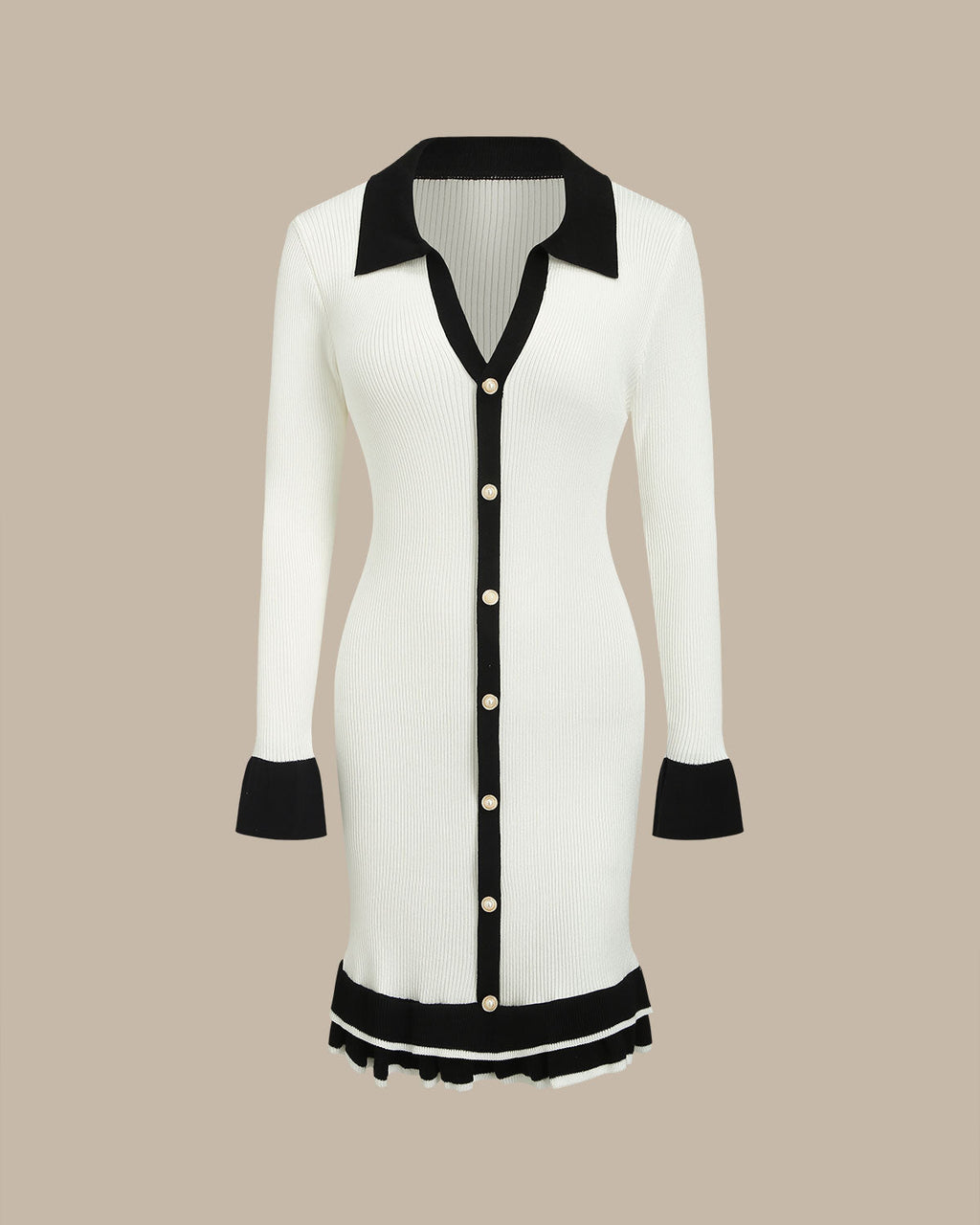 Beyaz Kontrast V Yaka Düğmeli Elbise