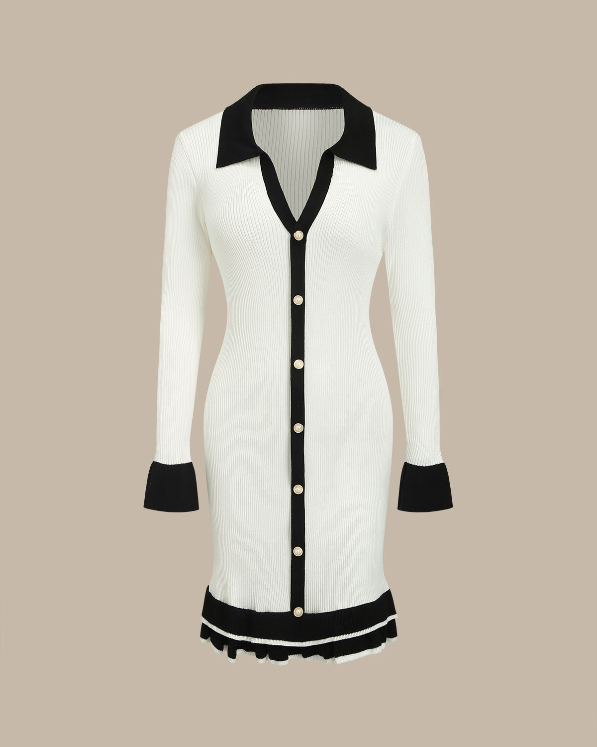 Beyaz Kontrast V Yaka Düğmeli Elbise