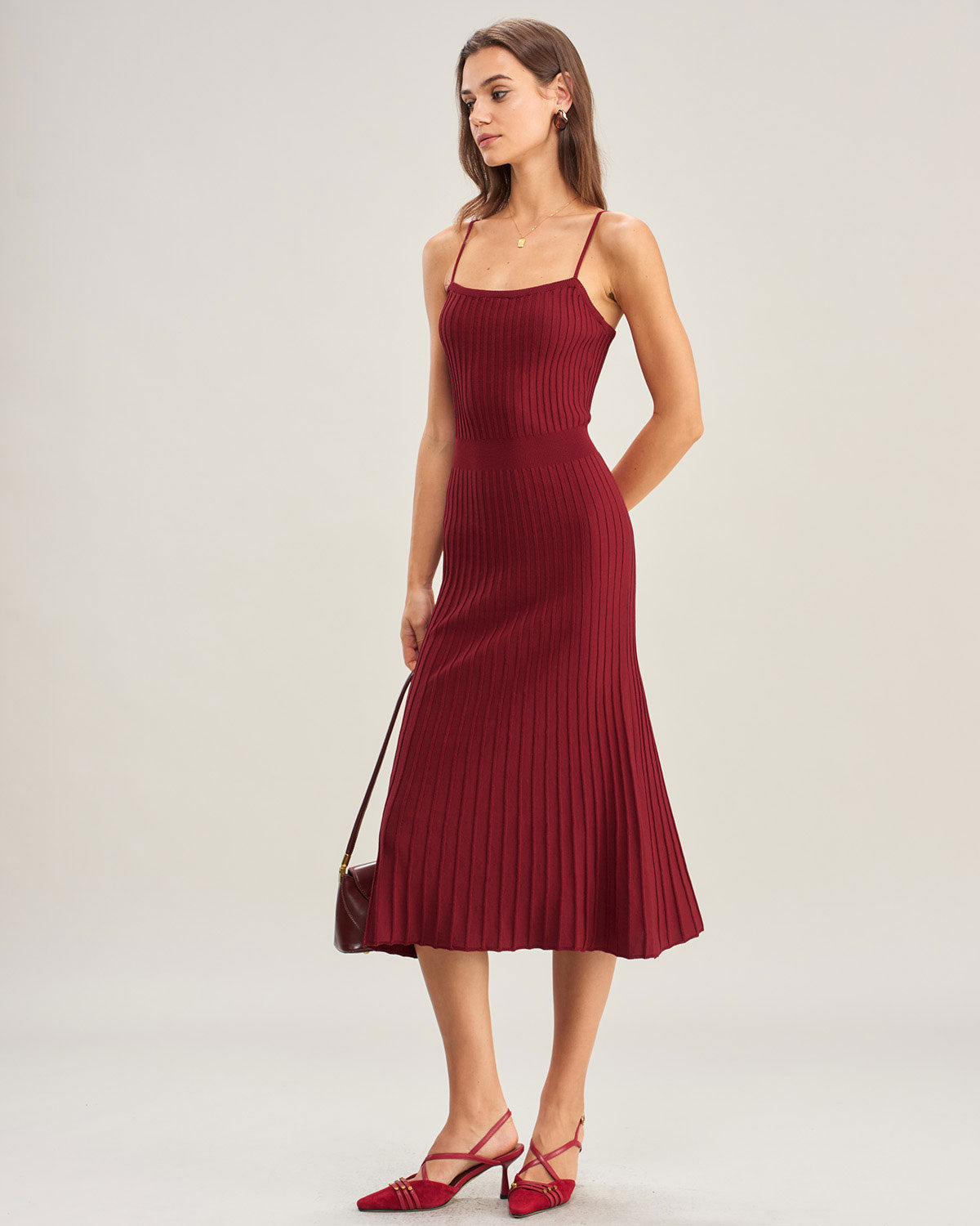 Şarap Kırmızısı A-Line Slip Kazak Elbise