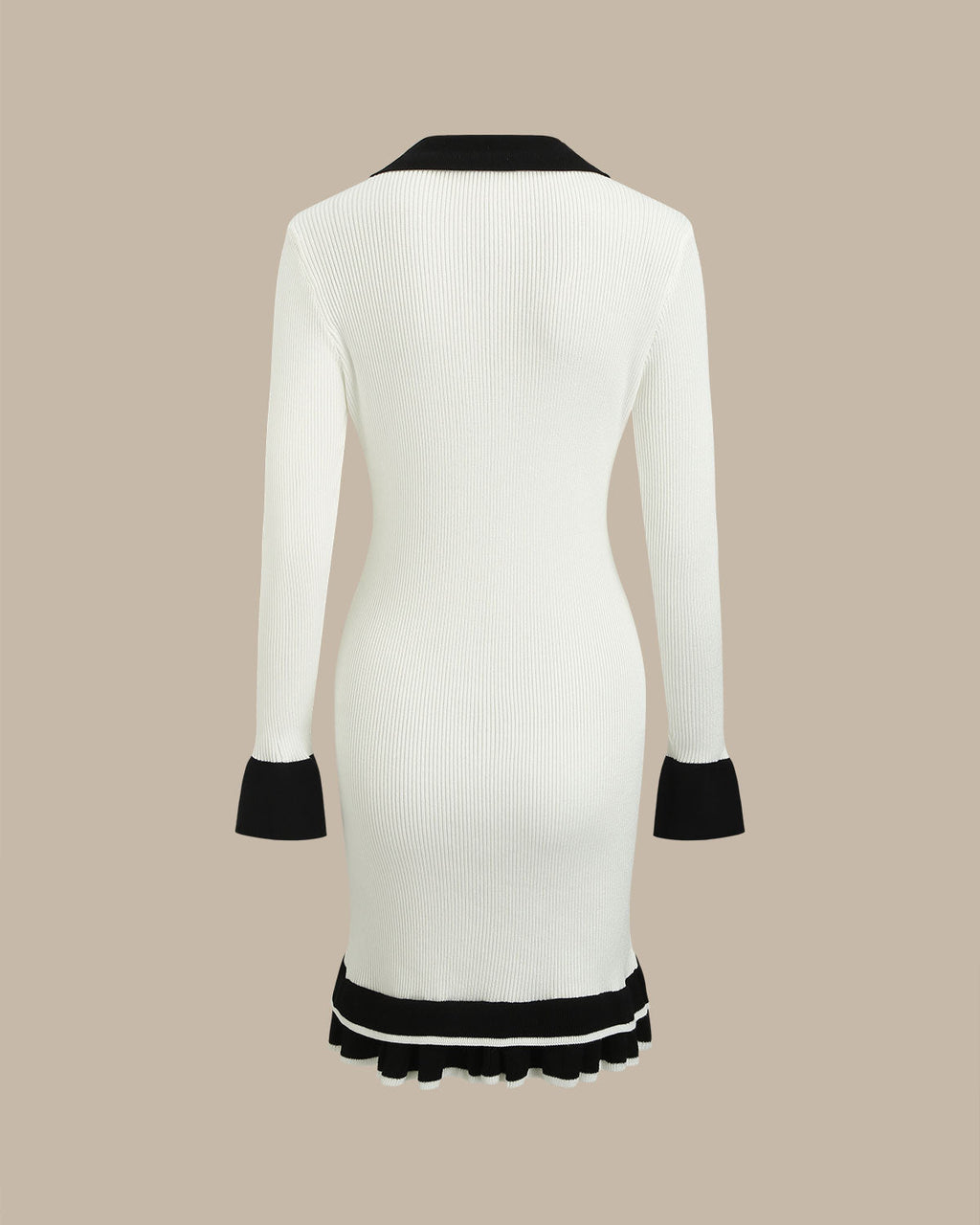 Beyaz Kontrast V Yaka Düğmeli Elbise