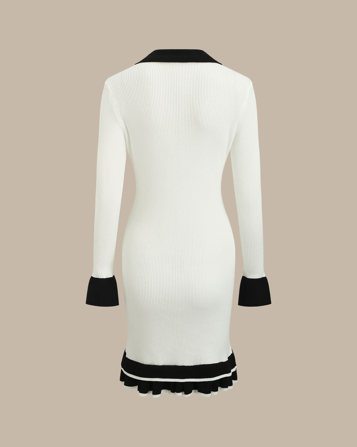 Beyaz Kontrast V Yaka Düğmeli Elbise