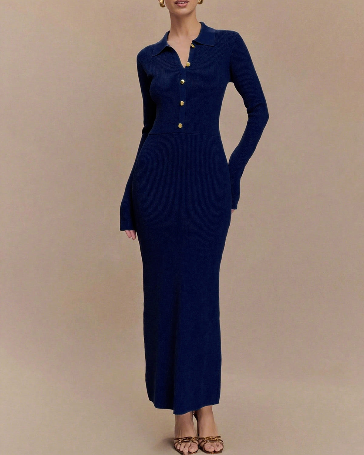 Mavi A-Line Düğmeli Kazak Elbise