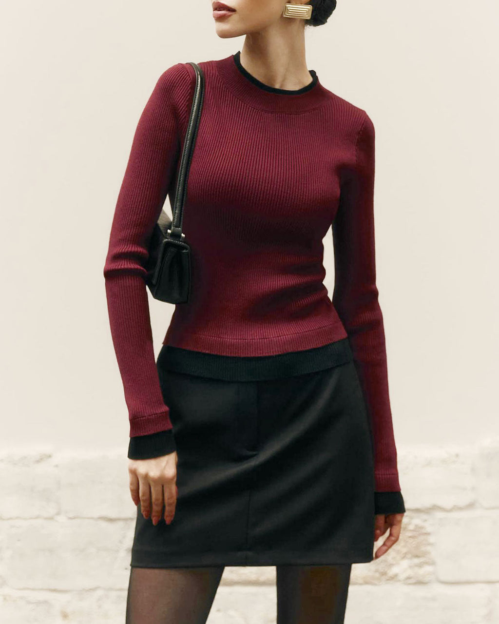 Şarap Kırmızısı Kontrastlı Örme Kazak