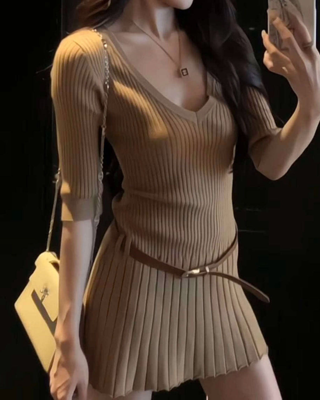 Haki V Yaka A-Line Kazak Elbise