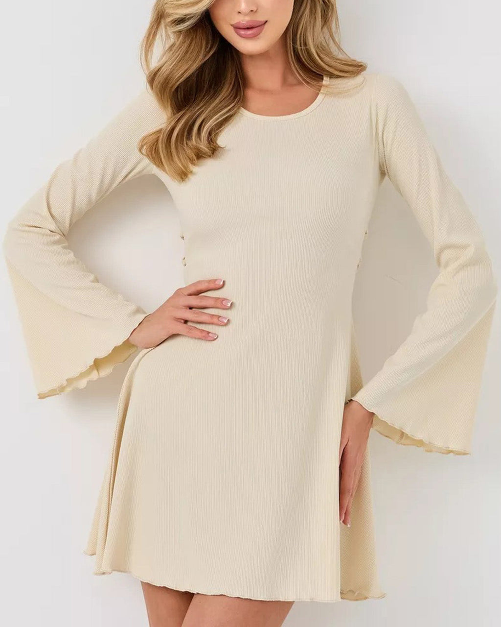 Kayısı Rengi Çan Kollu Bodycon Mini Elbise