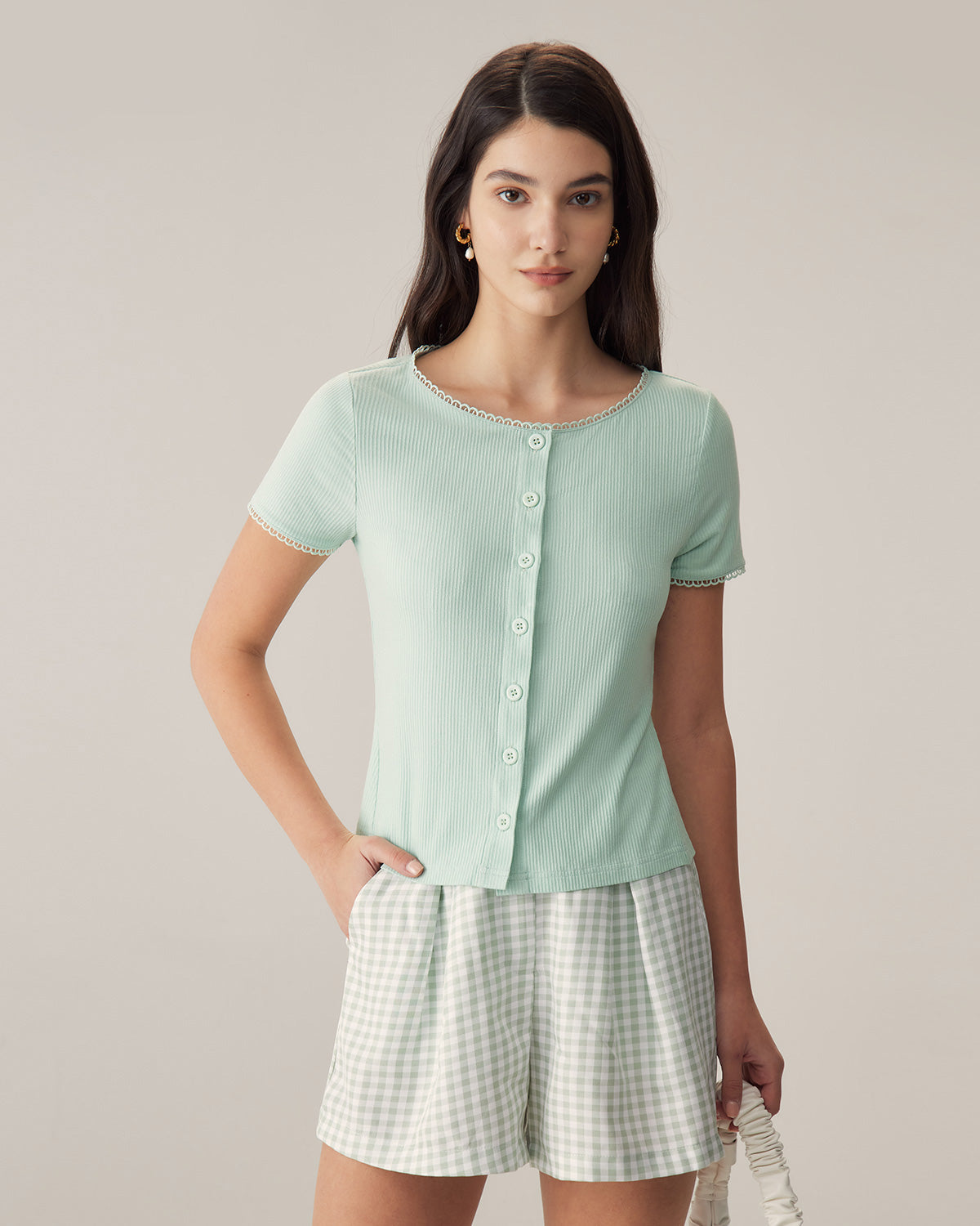 Yeşil Yuvarlak Yaka Düğmeli Slim Tee