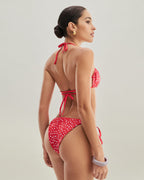 Kırmızı Çiçekli Bağcıklı Üçgen Bikini Takımı