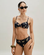 Siyah Çiçekli Balenli Bikini Takımı