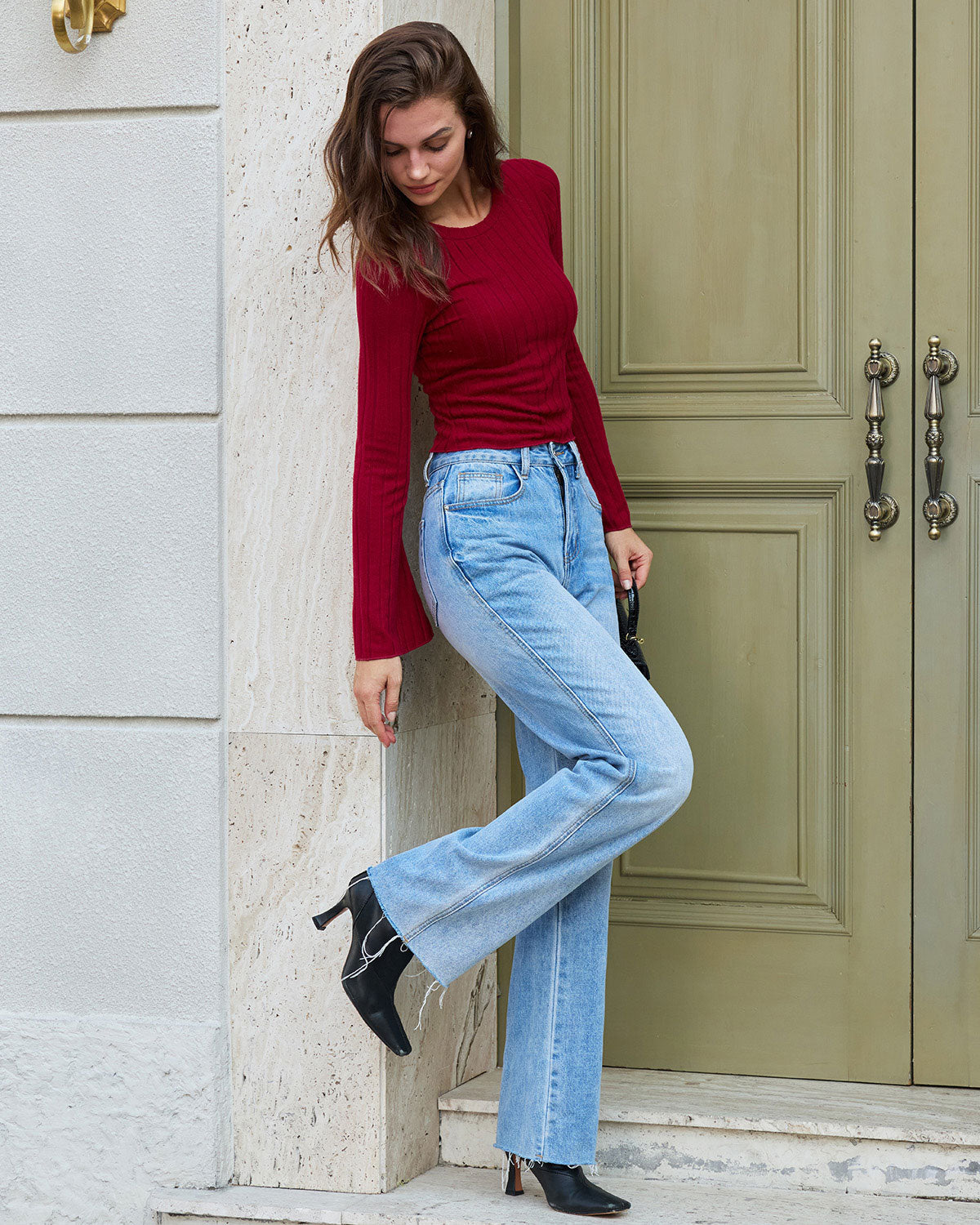 Şarap Kırmızısı Nervürlü Örgü Çan Kollu Kazak