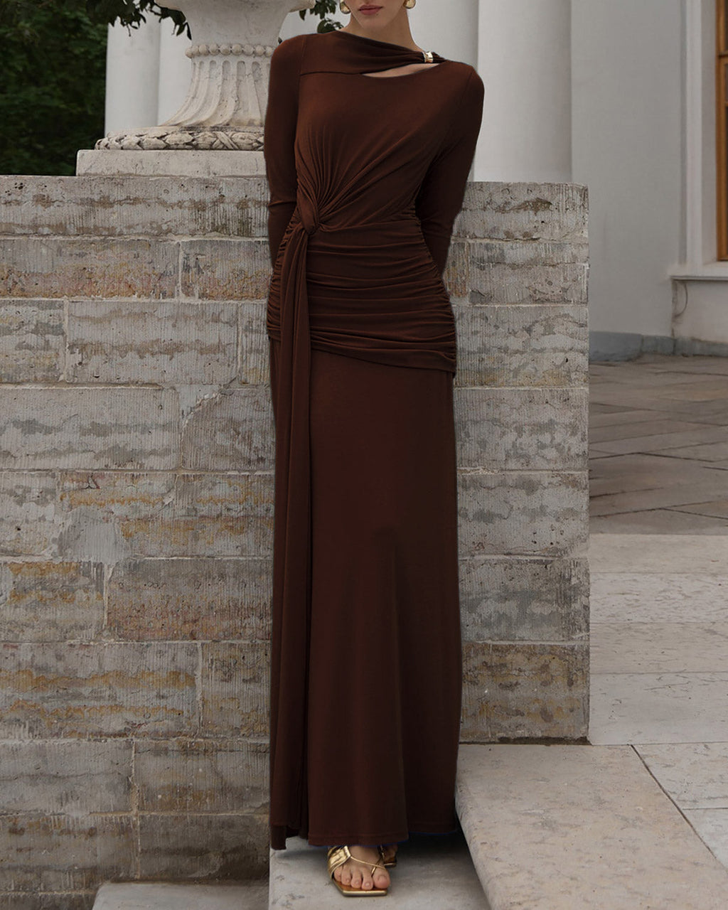Kahve Rengi Bükümlü A-Line Maxi Elbise