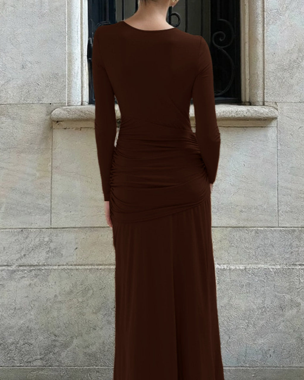 Kahve Rengi Bükümlü A-Line Maxi Elbise
