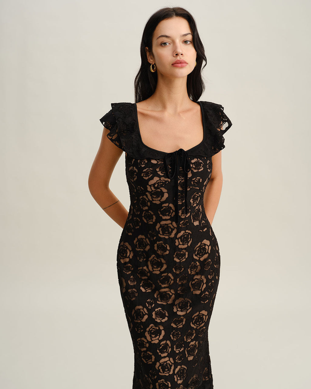 Dokulu Volanlı Midi Elbise