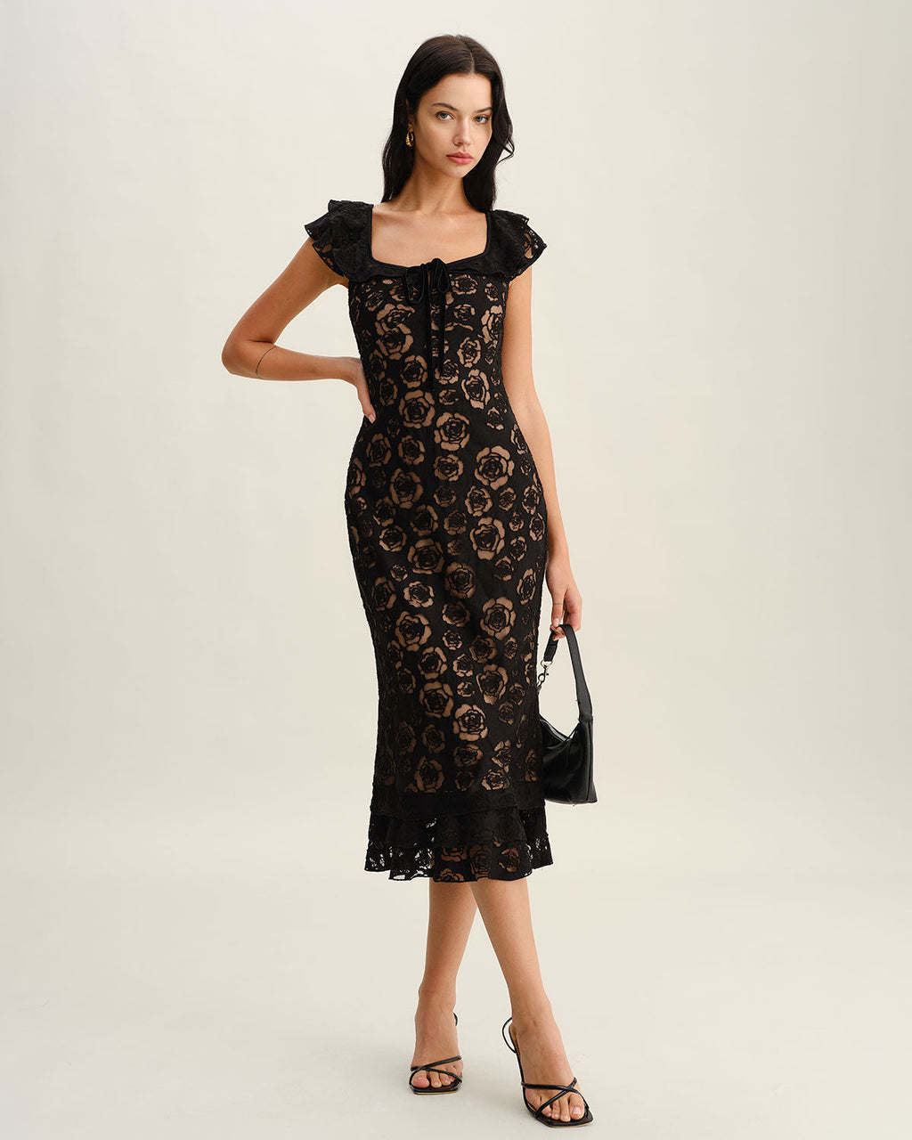 Dokulu Volanlı Midi Elbise