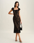 Dokulu Volanlı Midi Elbise