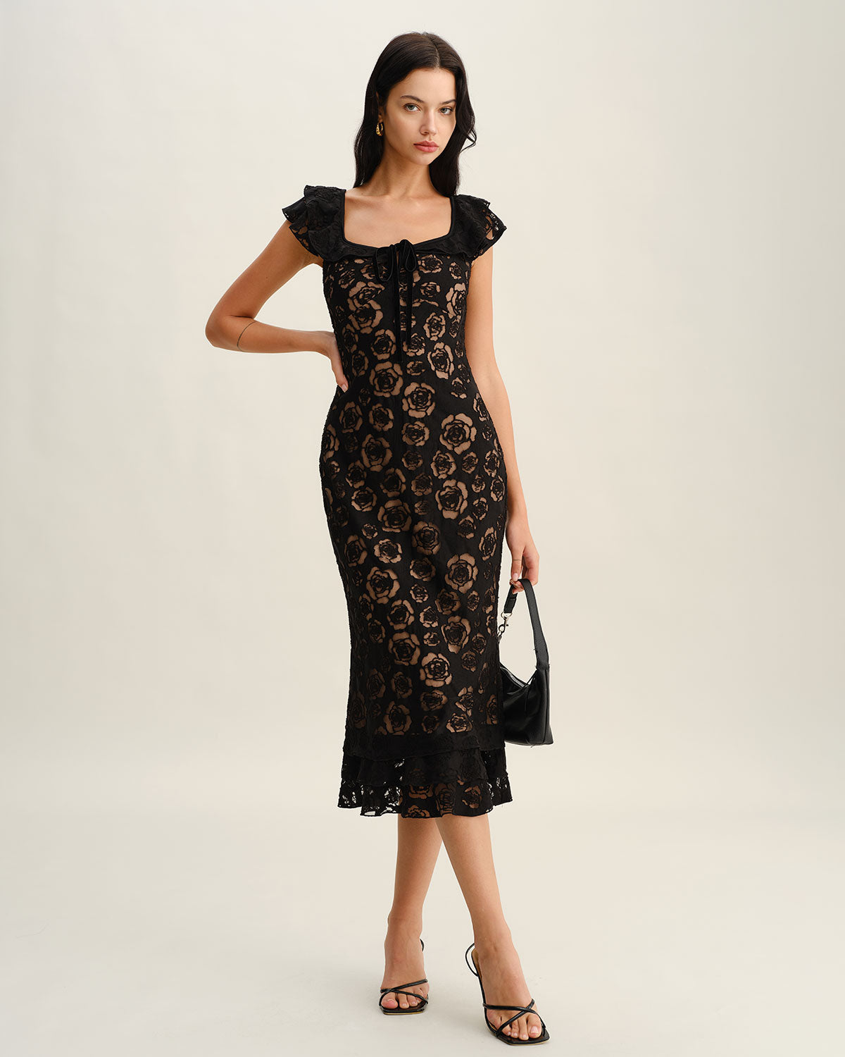 Dokulu Volanlı Midi Elbise