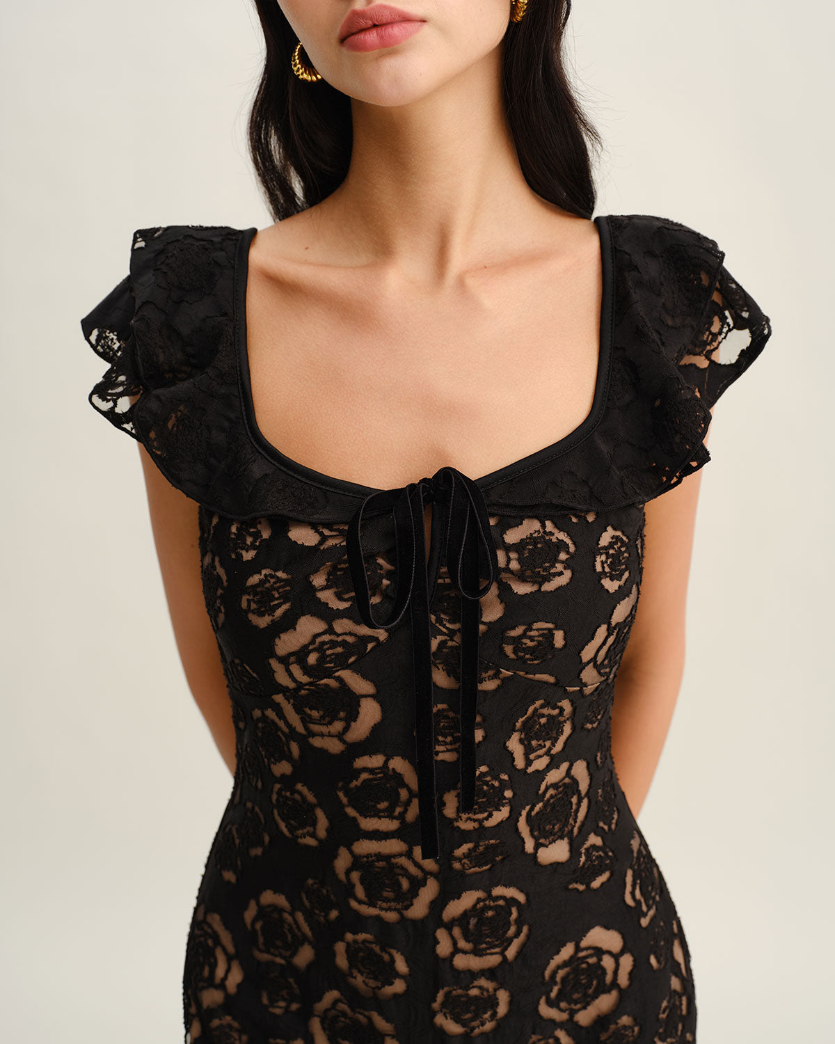 Dokulu Volanlı Midi Elbise