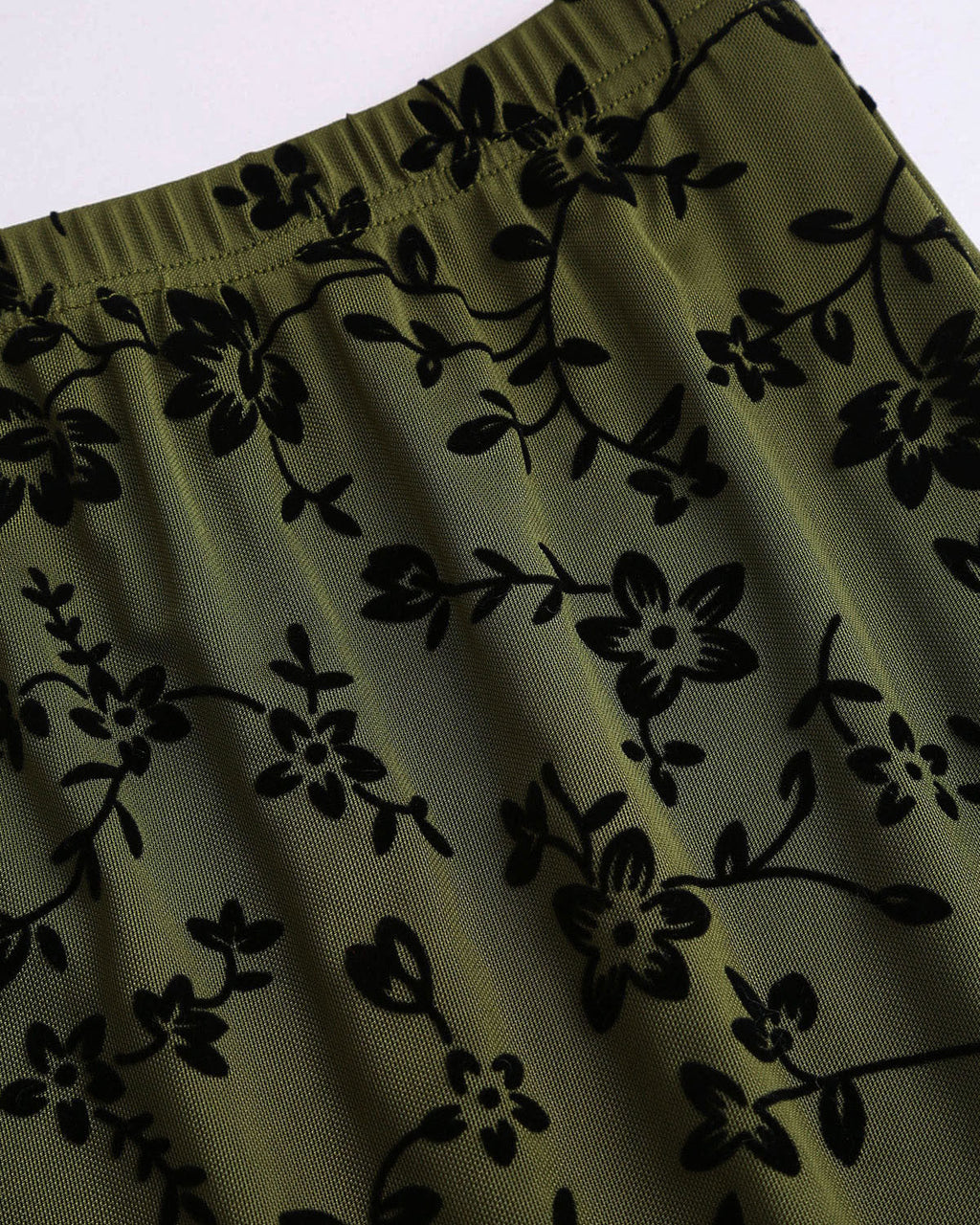 Yeşil Çiçek Desenli Elastik Bel Denizkızı Midi Etek