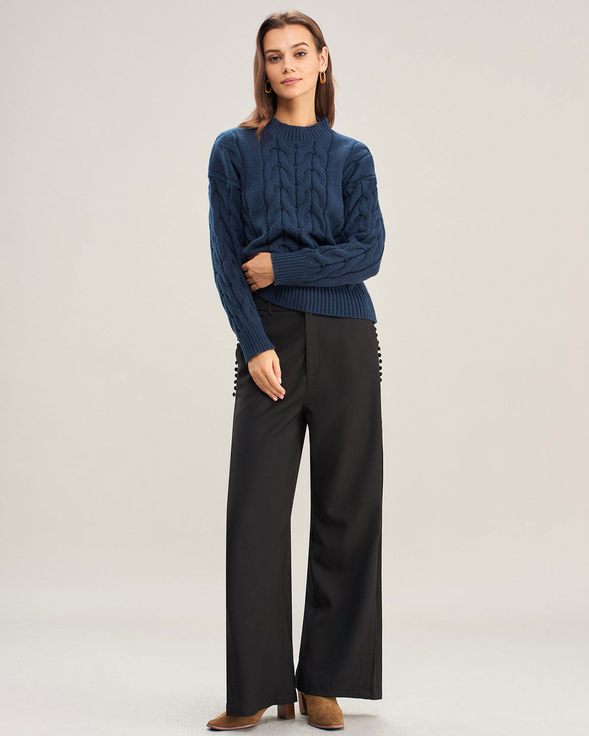 Mavi Yuvarlak Yakalı Dokulu Kazak