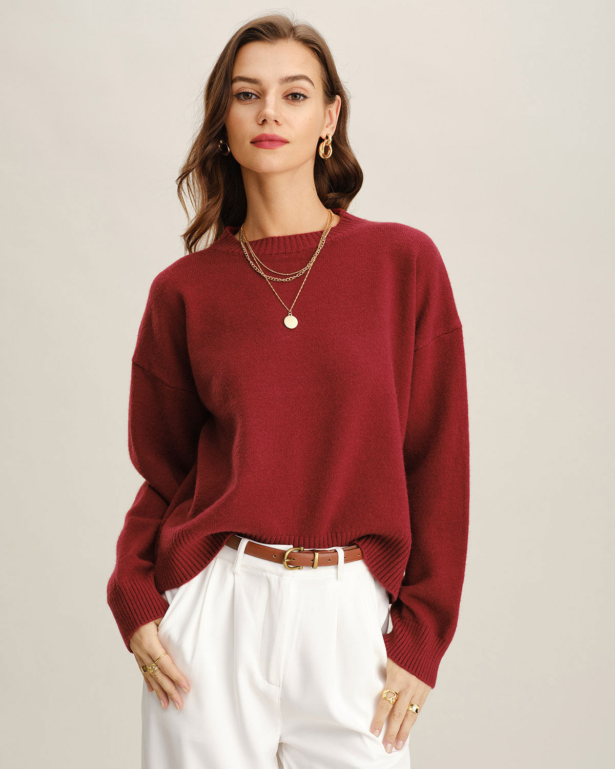 Kırmızı Yuvarlak Yakalı Bol Kazak