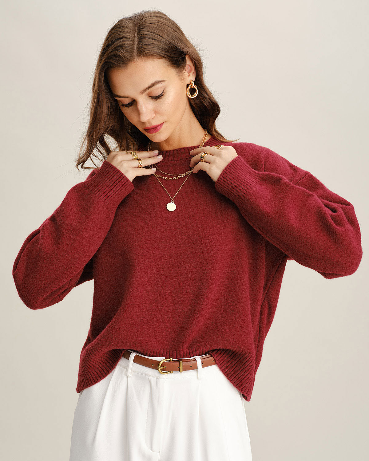 Kırmızı Yuvarlak Yakalı Bol Kazak